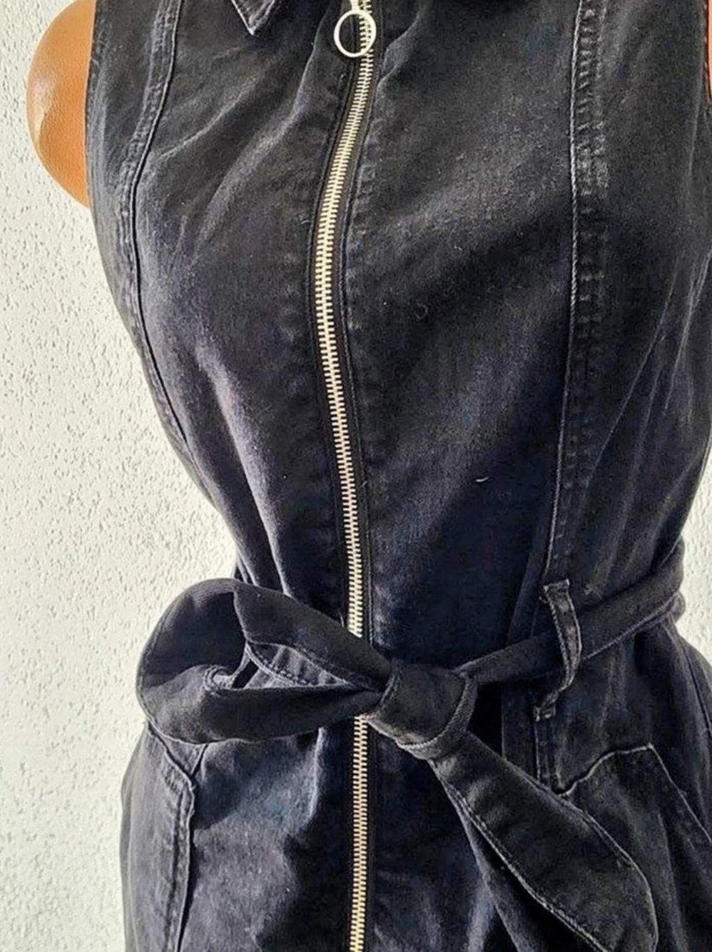 Topshop Black Denim Zip Front Utility Dress with Belt Black Mini Dress Side Pock